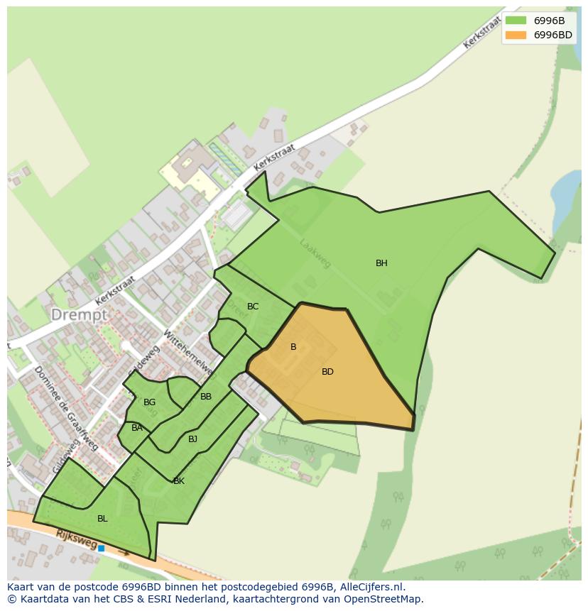 Afbeelding van het postcodegebied 6996 BD op de kaart.
