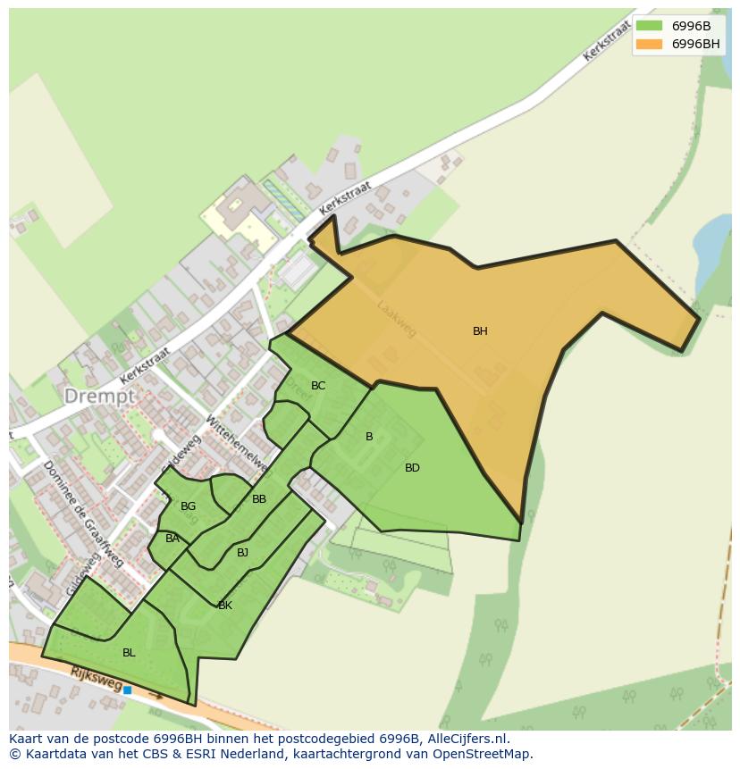 Afbeelding van het postcodegebied 6996 BH op de kaart.