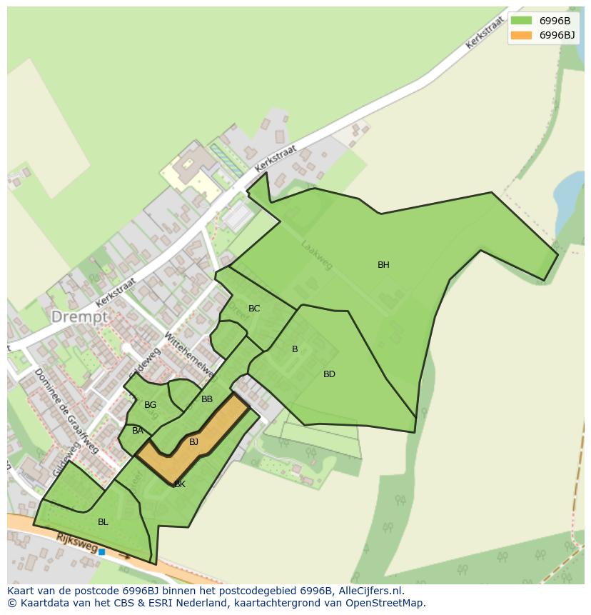 Afbeelding van het postcodegebied 6996 BJ op de kaart.