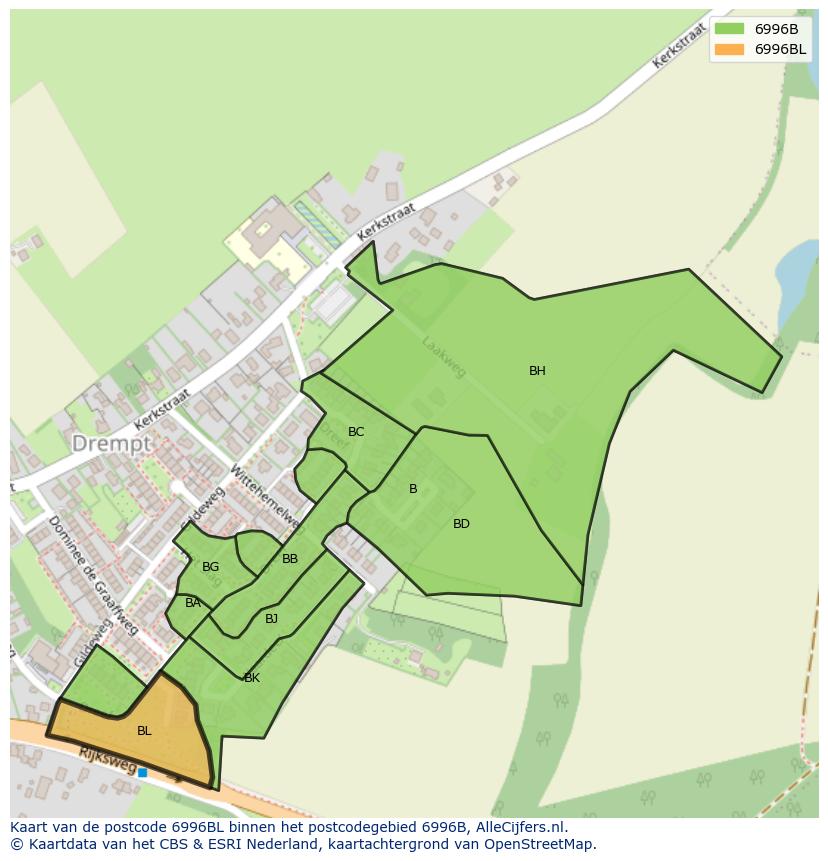 Afbeelding van het postcodegebied 6996 BL op de kaart.