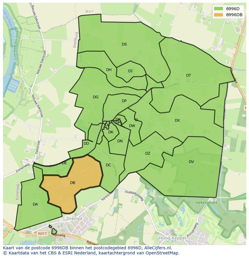 Afbeelding van het postcodegebied 6996 DB op de kaart.