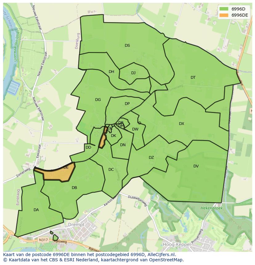 Afbeelding van het postcodegebied 6996 DE op de kaart.