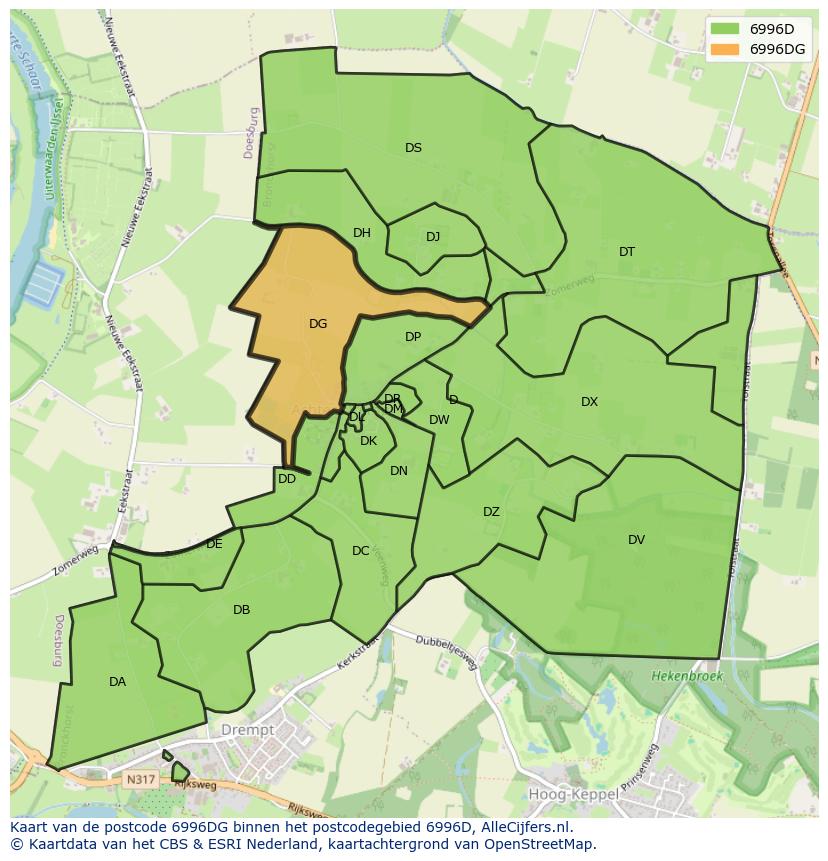 Afbeelding van het postcodegebied 6996 DG op de kaart.