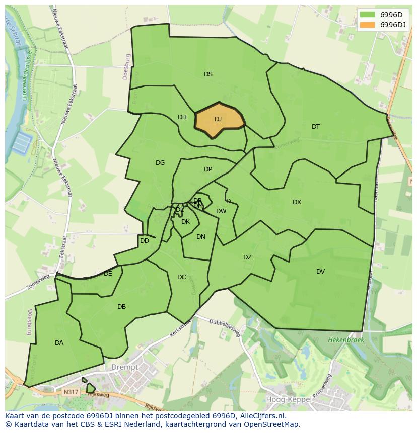 Afbeelding van het postcodegebied 6996 DJ op de kaart.