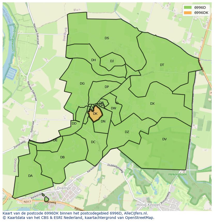 Afbeelding van het postcodegebied 6996 DK op de kaart.