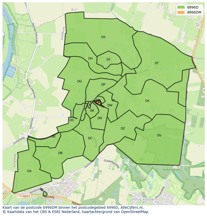 Afbeelding van het postcodegebied 6996 DM op de kaart.