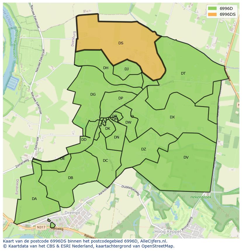 Afbeelding van het postcodegebied 6996 DS op de kaart.
