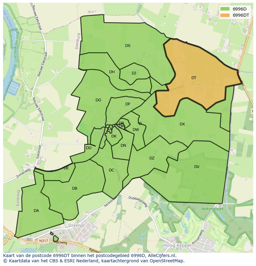 Afbeelding van het postcodegebied 6996 DT op de kaart.