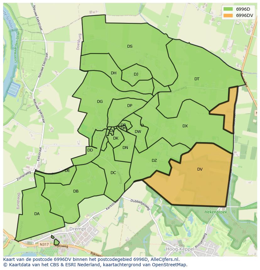 Afbeelding van het postcodegebied 6996 DV op de kaart.