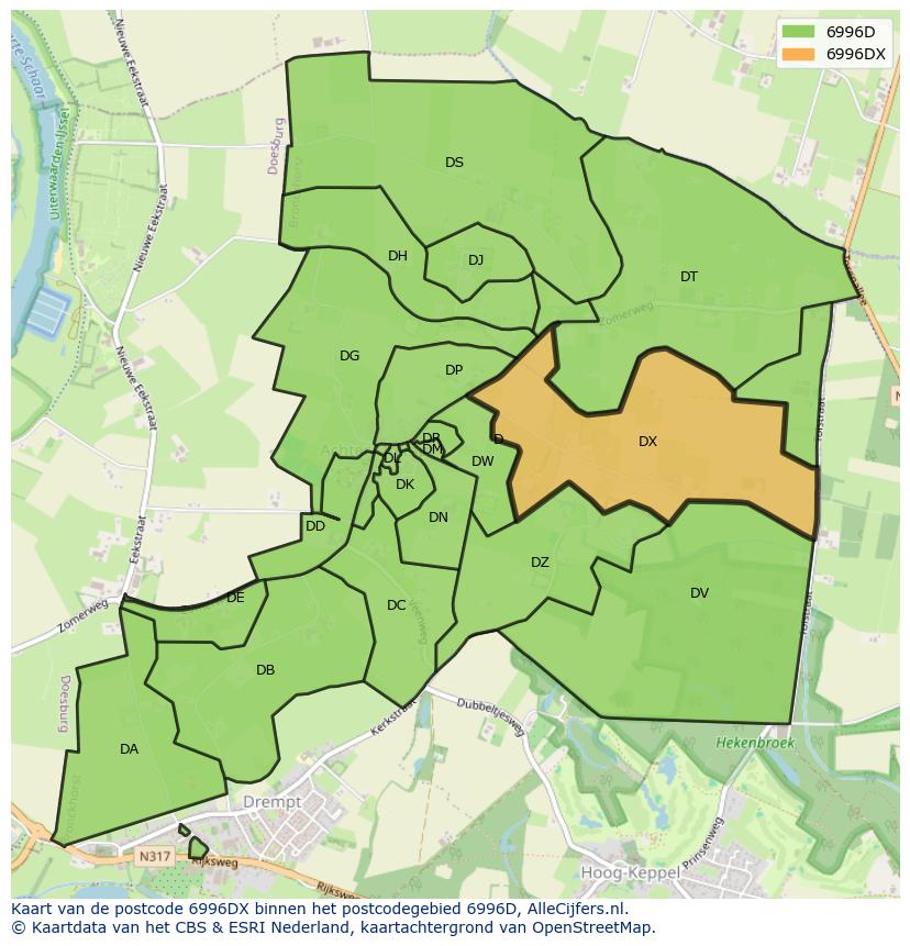 Afbeelding van het postcodegebied 6996 DX op de kaart.