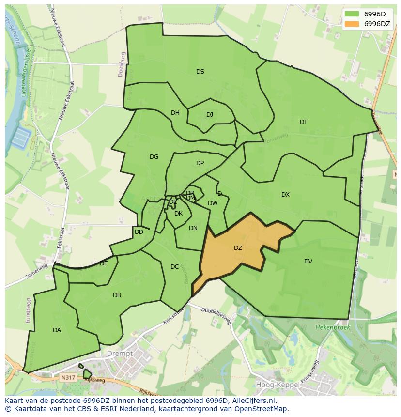 Afbeelding van het postcodegebied 6996 DZ op de kaart.