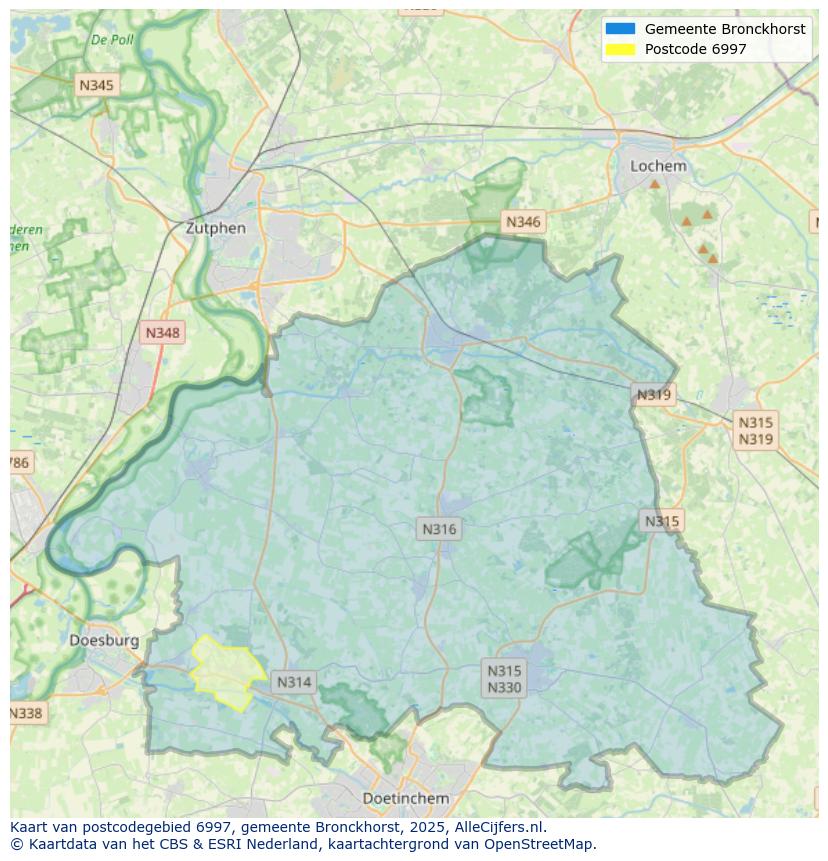 Afbeelding van het postcodegebied 6997 op de kaart.