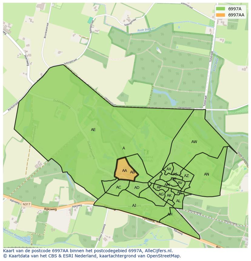 Afbeelding van het postcodegebied 6997 AA op de kaart.