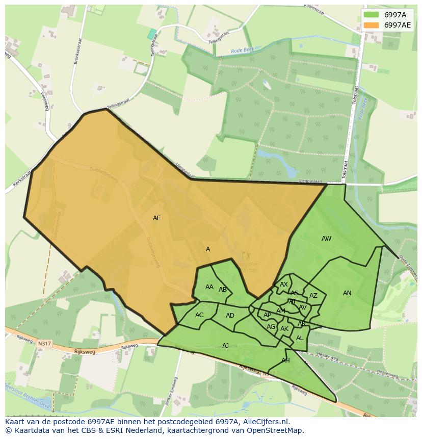 Afbeelding van het postcodegebied 6997 AE op de kaart.