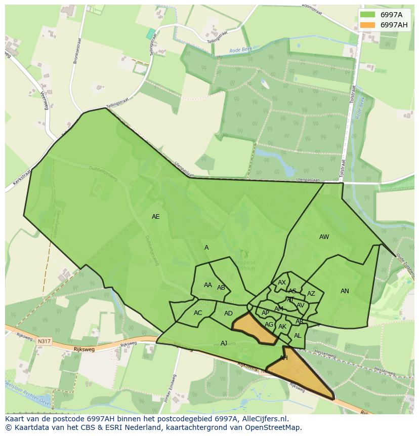 Afbeelding van het postcodegebied 6997 AH op de kaart.