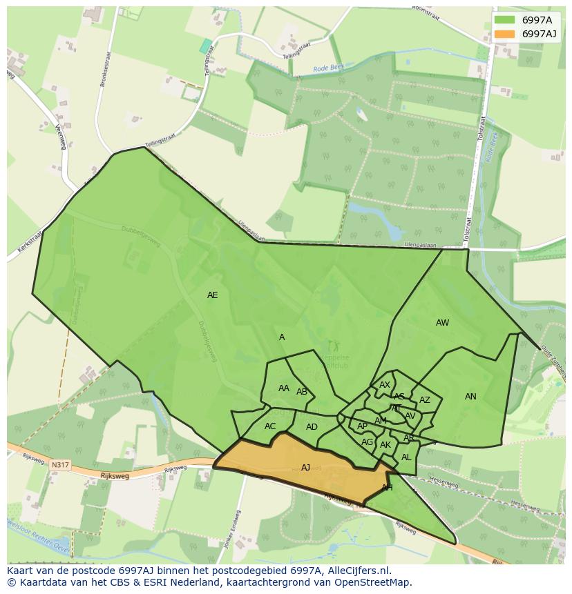 Afbeelding van het postcodegebied 6997 AJ op de kaart.