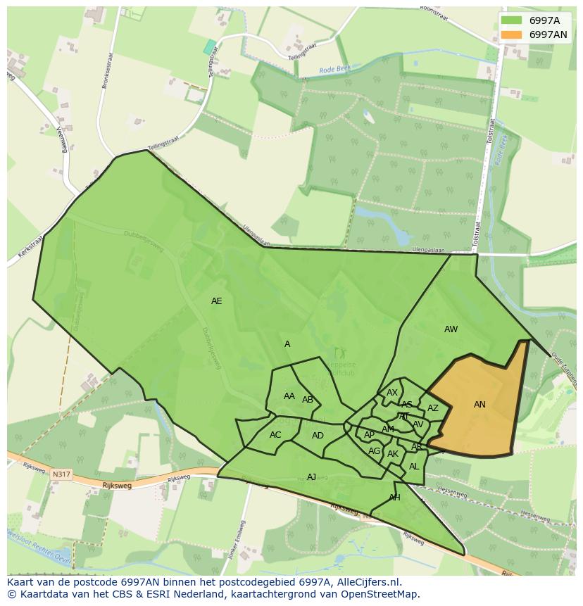 Afbeelding van het postcodegebied 6997 AN op de kaart.