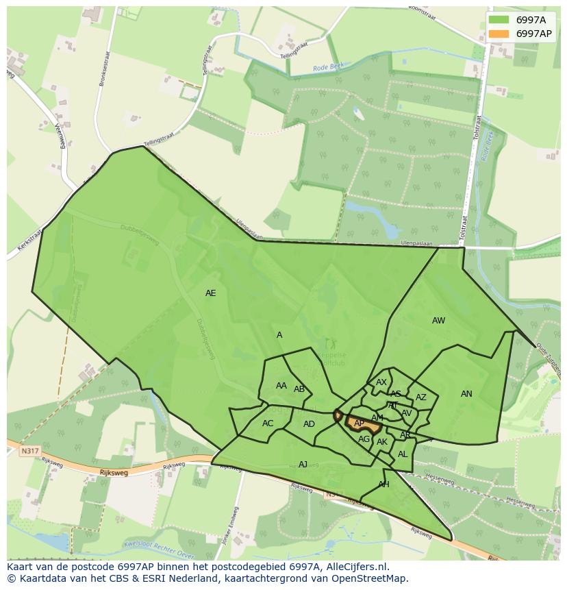 Afbeelding van het postcodegebied 6997 AP op de kaart.