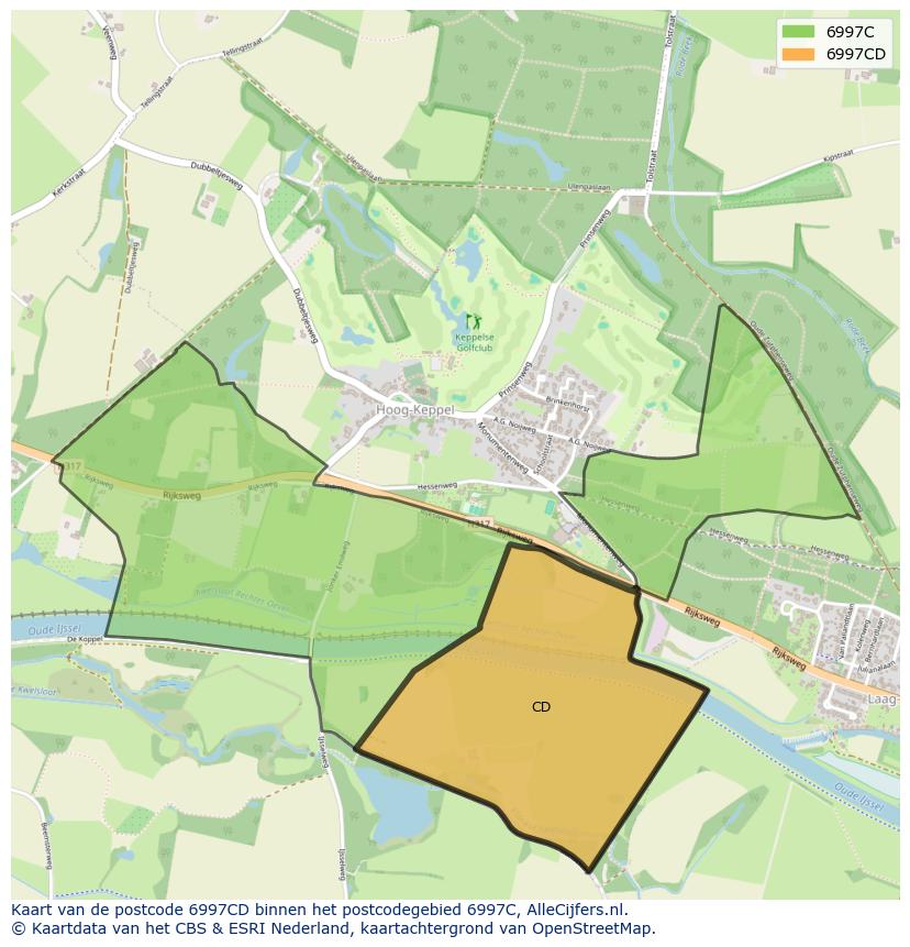Afbeelding van het postcodegebied 6997 CD op de kaart.