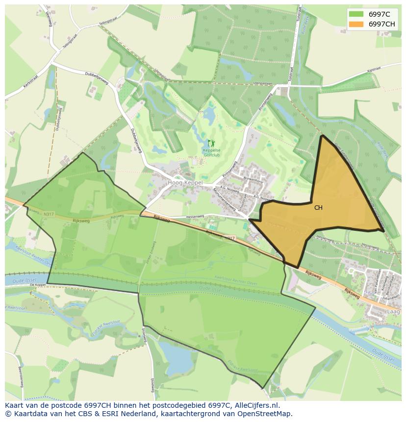 Afbeelding van het postcodegebied 6997 CH op de kaart.