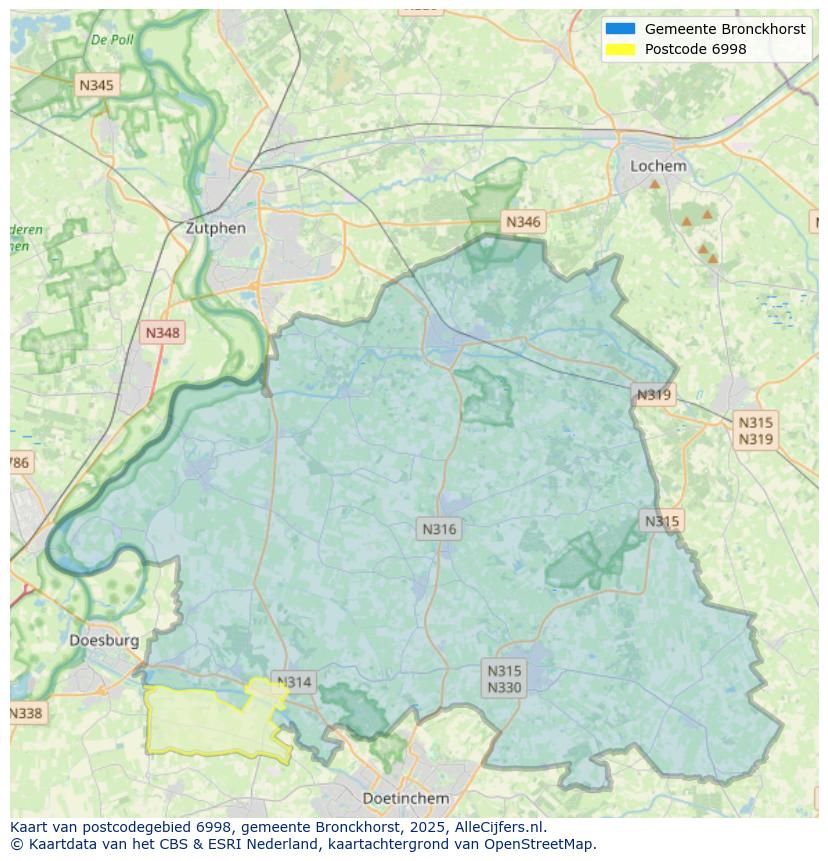Afbeelding van het postcodegebied 6998 op de kaart.