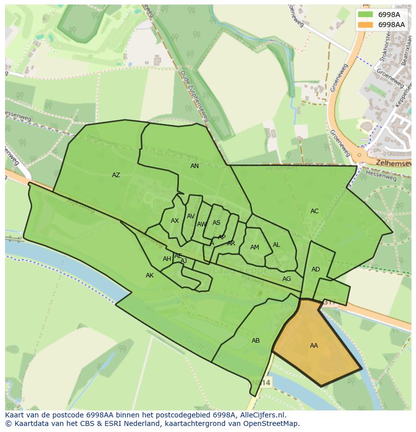 Afbeelding van het postcodegebied 6998 AA op de kaart.