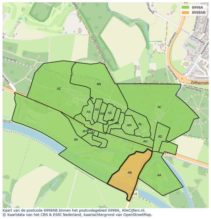 Afbeelding van het postcodegebied 6998 AB op de kaart.