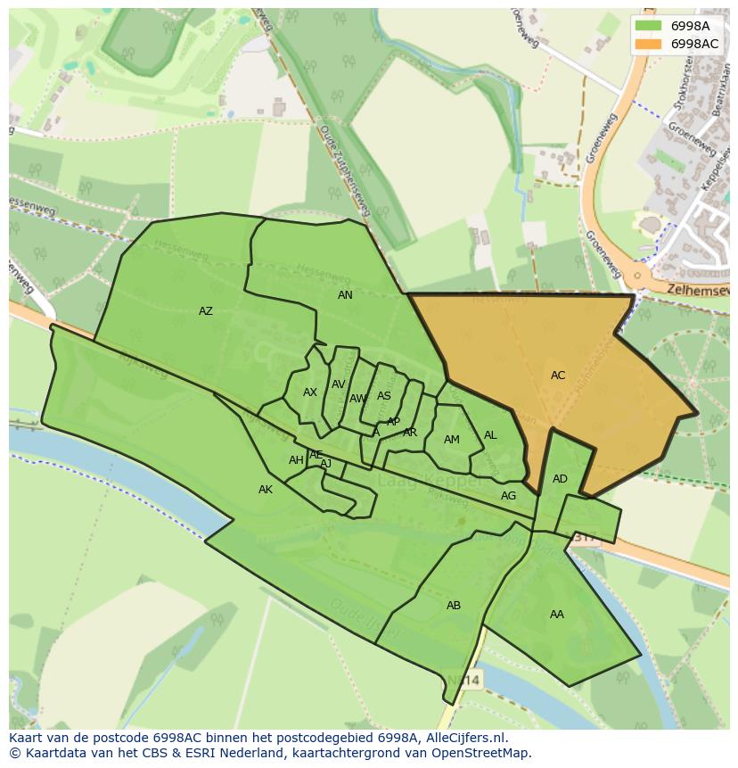 Afbeelding van het postcodegebied 6998 AC op de kaart.