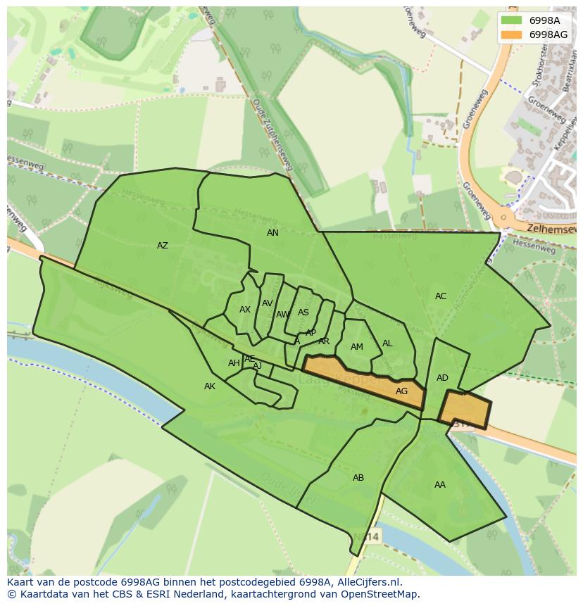 Afbeelding van het postcodegebied 6998 AG op de kaart.