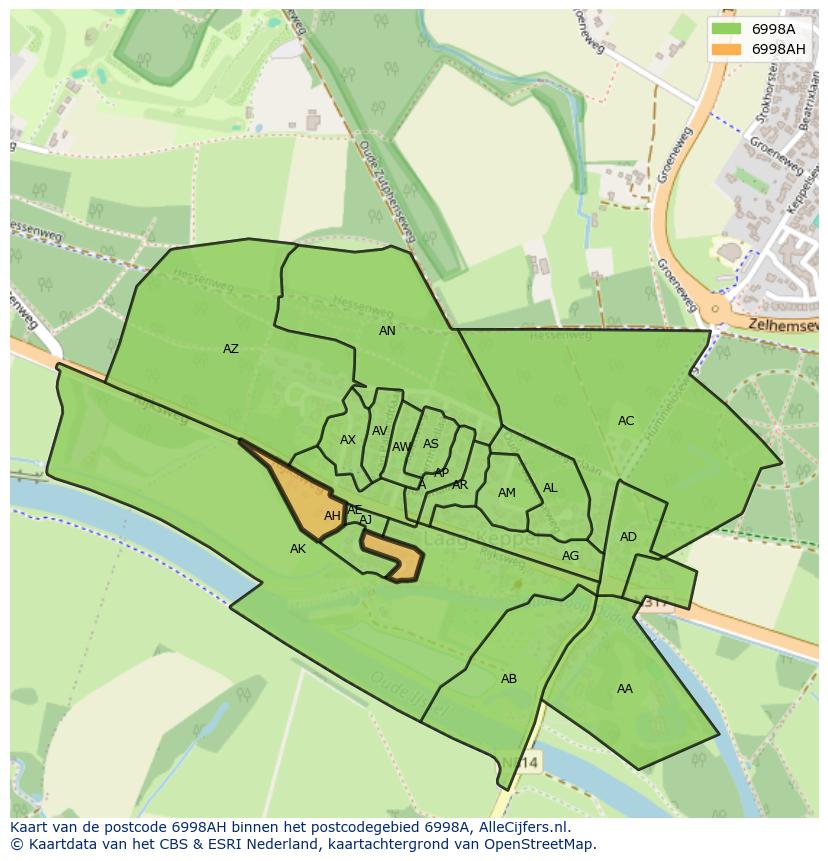 Afbeelding van het postcodegebied 6998 AH op de kaart.