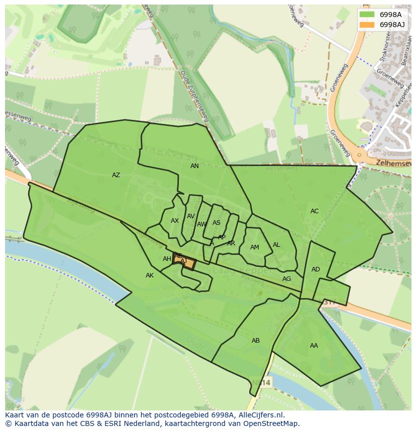 Afbeelding van het postcodegebied 6998 AJ op de kaart.