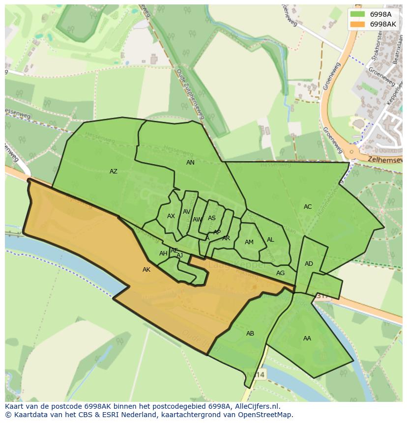 Afbeelding van het postcodegebied 6998 AK op de kaart.