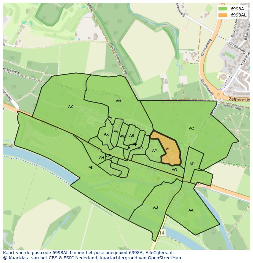 Afbeelding van het postcodegebied 6998 AL op de kaart.