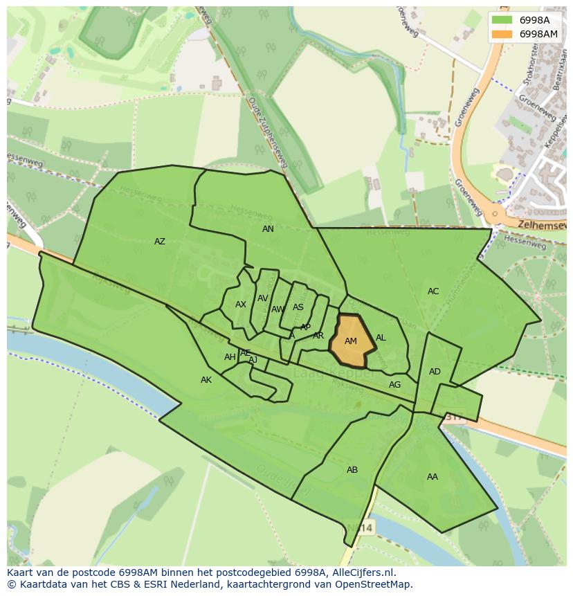 Afbeelding van het postcodegebied 6998 AM op de kaart.