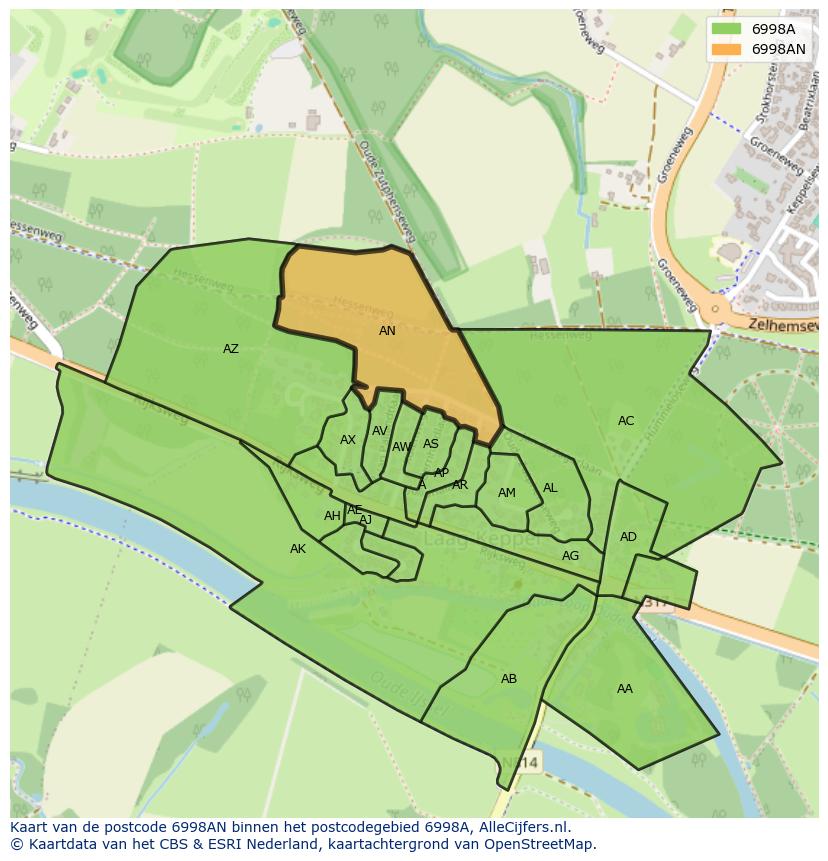 Afbeelding van het postcodegebied 6998 AN op de kaart.