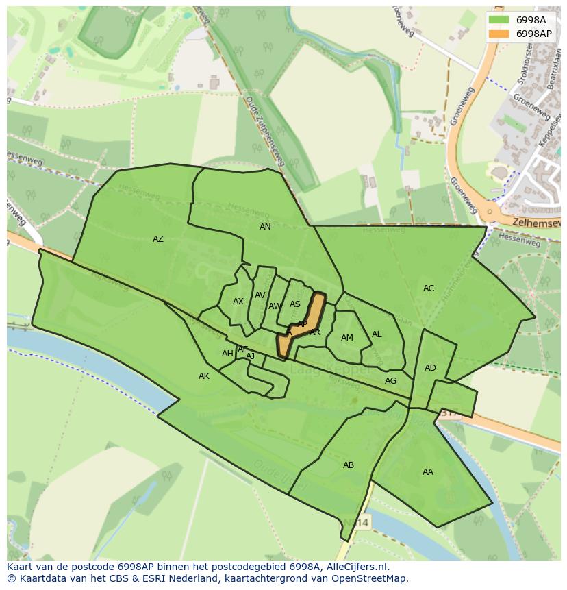 Afbeelding van het postcodegebied 6998 AP op de kaart.