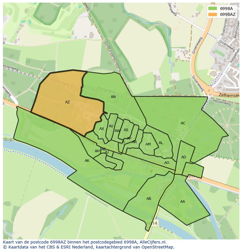 Afbeelding van het postcodegebied 6998 AZ op de kaart.