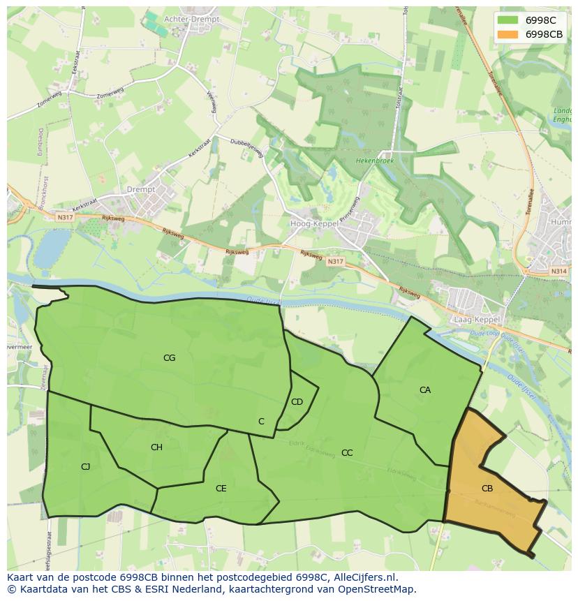 Afbeelding van het postcodegebied 6998 CB op de kaart.