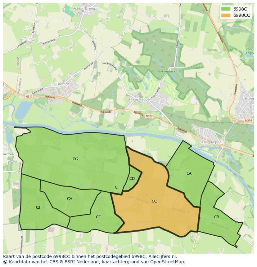 Afbeelding van het postcodegebied 6998 CC op de kaart.