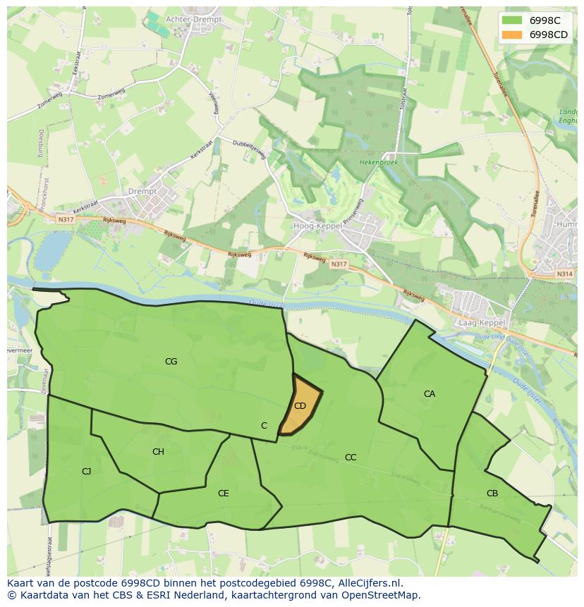 Afbeelding van het postcodegebied 6998 CD op de kaart.