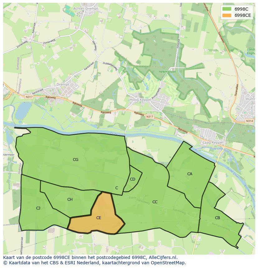 Afbeelding van het postcodegebied 6998 CE op de kaart.