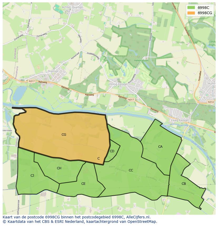 Afbeelding van het postcodegebied 6998 CG op de kaart.