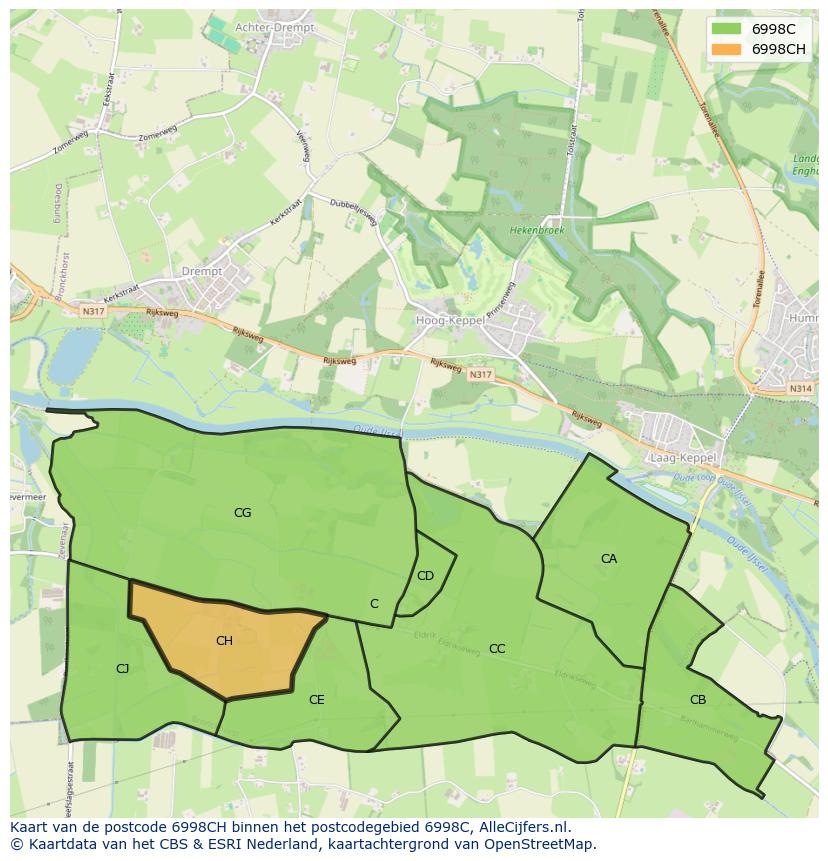Afbeelding van het postcodegebied 6998 CH op de kaart.