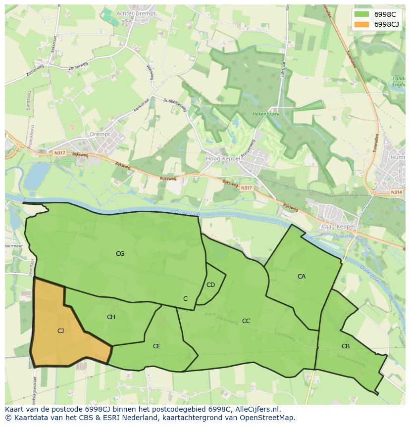 Afbeelding van het postcodegebied 6998 CJ op de kaart.