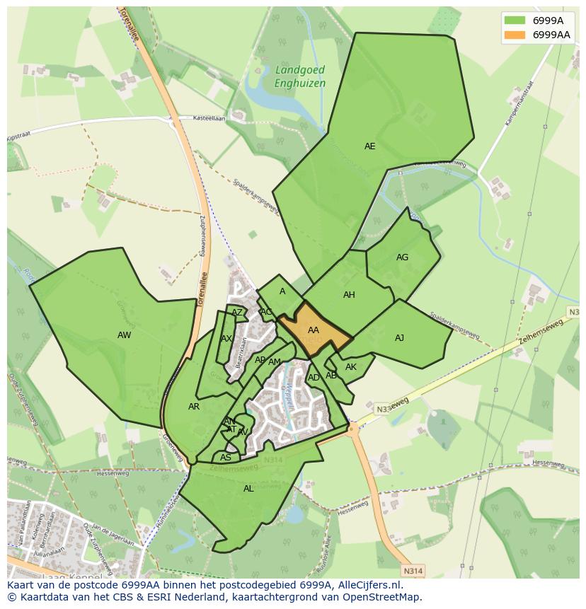 Afbeelding van het postcodegebied 6999 AA op de kaart.