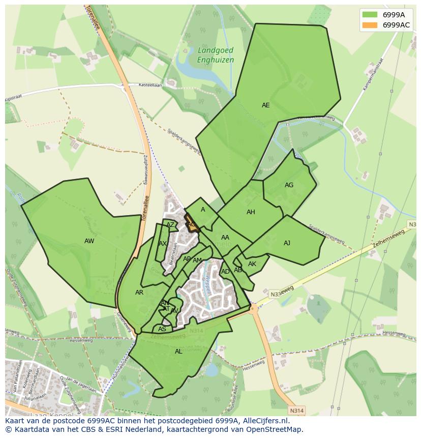 Afbeelding van het postcodegebied 6999 AC op de kaart.