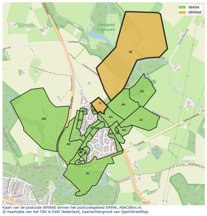 Afbeelding van het postcodegebied 6999 AE op de kaart.