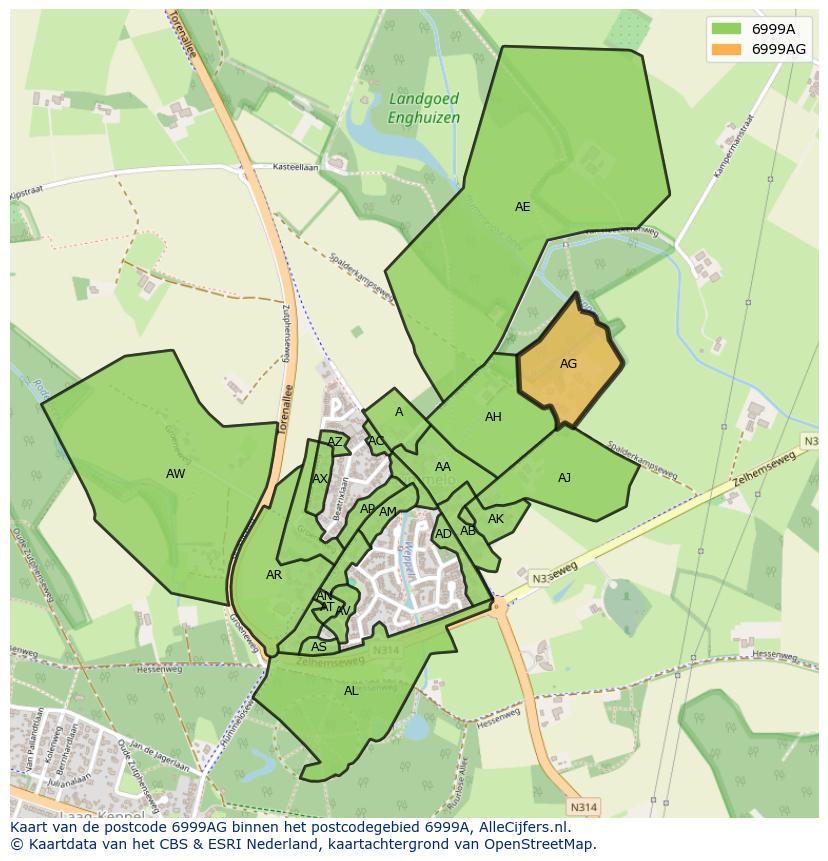 Afbeelding van het postcodegebied 6999 AG op de kaart.