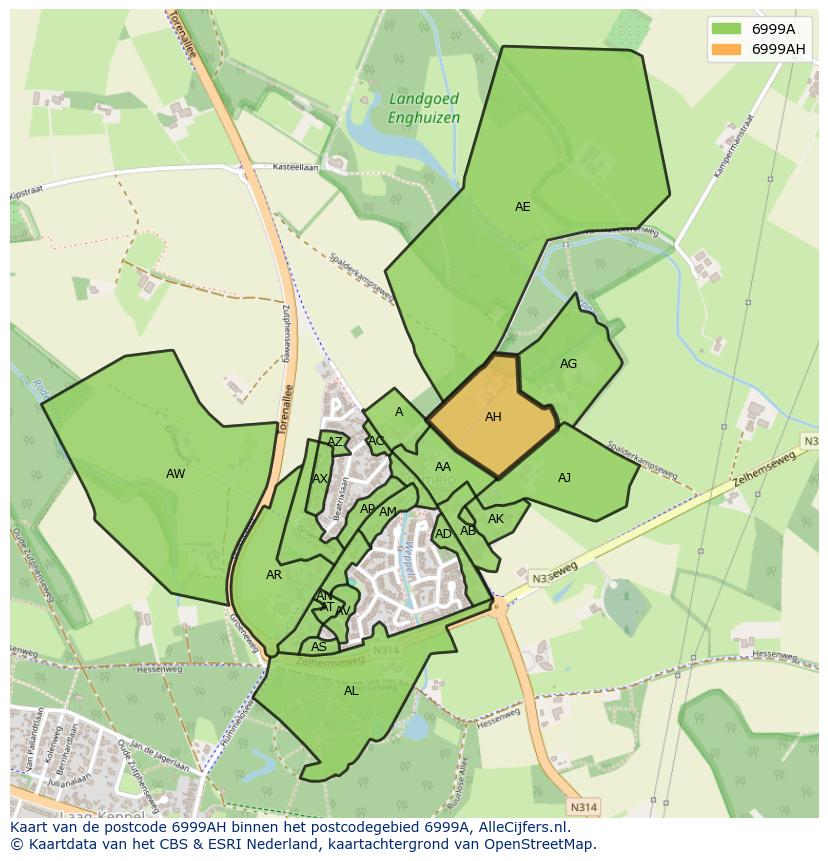 Afbeelding van het postcodegebied 6999 AH op de kaart.