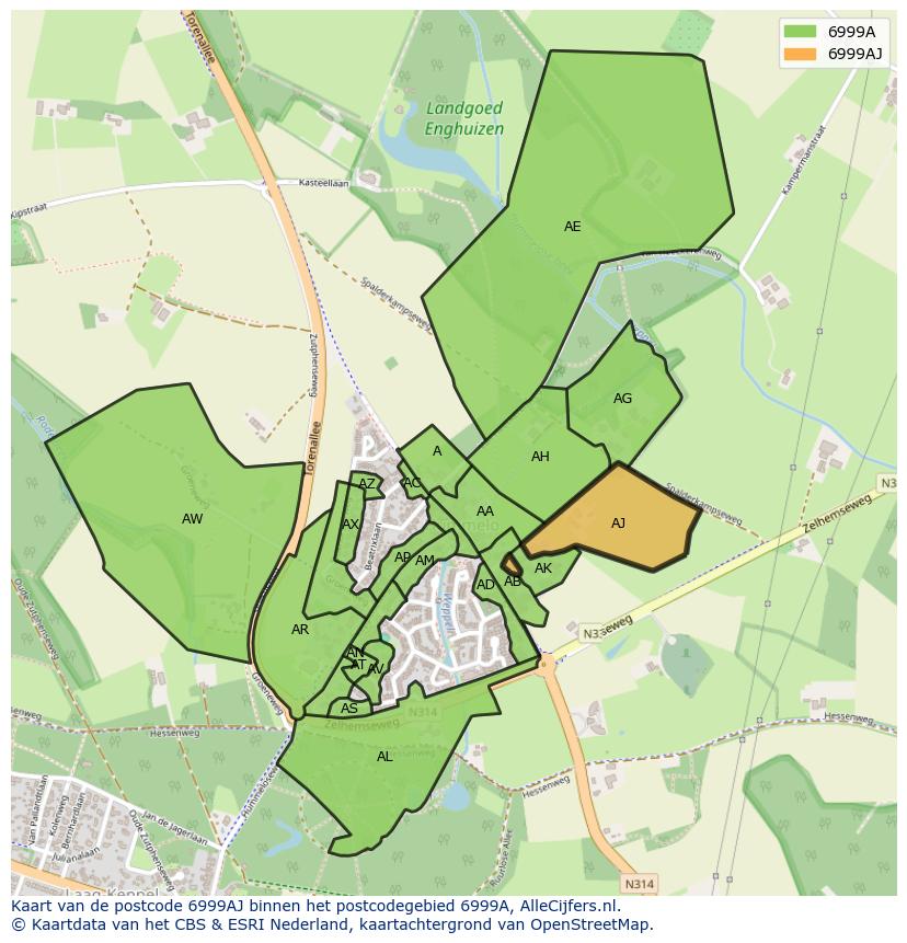 Afbeelding van het postcodegebied 6999 AJ op de kaart.